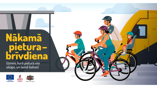 Reklāmas vizuālis ar sabiedriskā transporta pieturu un velobraucēju ģimeni. Pieturā redzams uzraksts “Nākamā pietura – brīvdiena. Uzmini, kurā pieturā viņi izkāps, un laimē balvas!”. Apakšā ES, 2027. gada plāna un Satiksmes ministrijas logotipi.