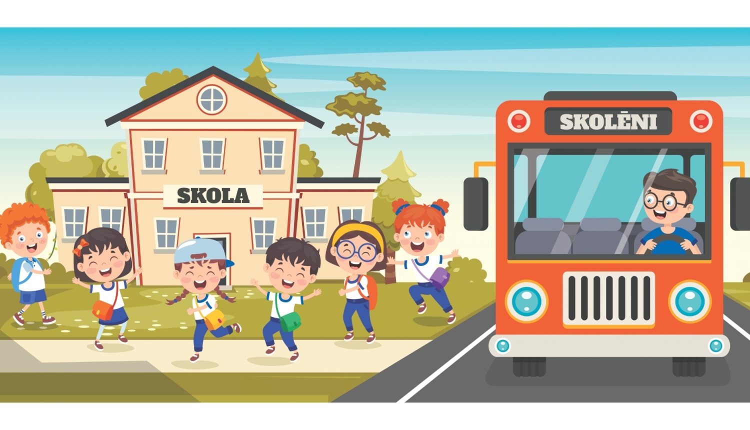 Ilustrācija pie skolas ēkas. Pie skolas stāv seši skolēni ar mugursomām. Blakus uz ceļa redzams oranžs skolēnu autobuss ar uzrakstu “SKOLĒNI”. Autobusa priekšējā logā redzams vadītājs. Fonā ir koki un zilas debesis. Attēls simbolizē skolēnu pārvadājumus un drošu nokļūšanu uz skolu.
