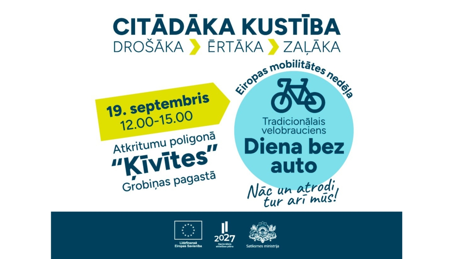 Eiropas mobilitātes nedēļas pasākuma plakāts ar saukli “Citādāka kustība. Drošāka. Ērtāka. Zaļāka.” Aicina 19. septembrī no plkst. 12.00 līdz 15.00 apmeklēt tradicionālo velobraucienu “Diena bez auto” atkritumu poligonā “Ķīvītes” Grobiņas pagastā. Plakātā redzams velosipēda simbols un Eiropas Savienības, Nacionālā attīstības plāna 2027 un Satiksmes ministrijas logotipi.