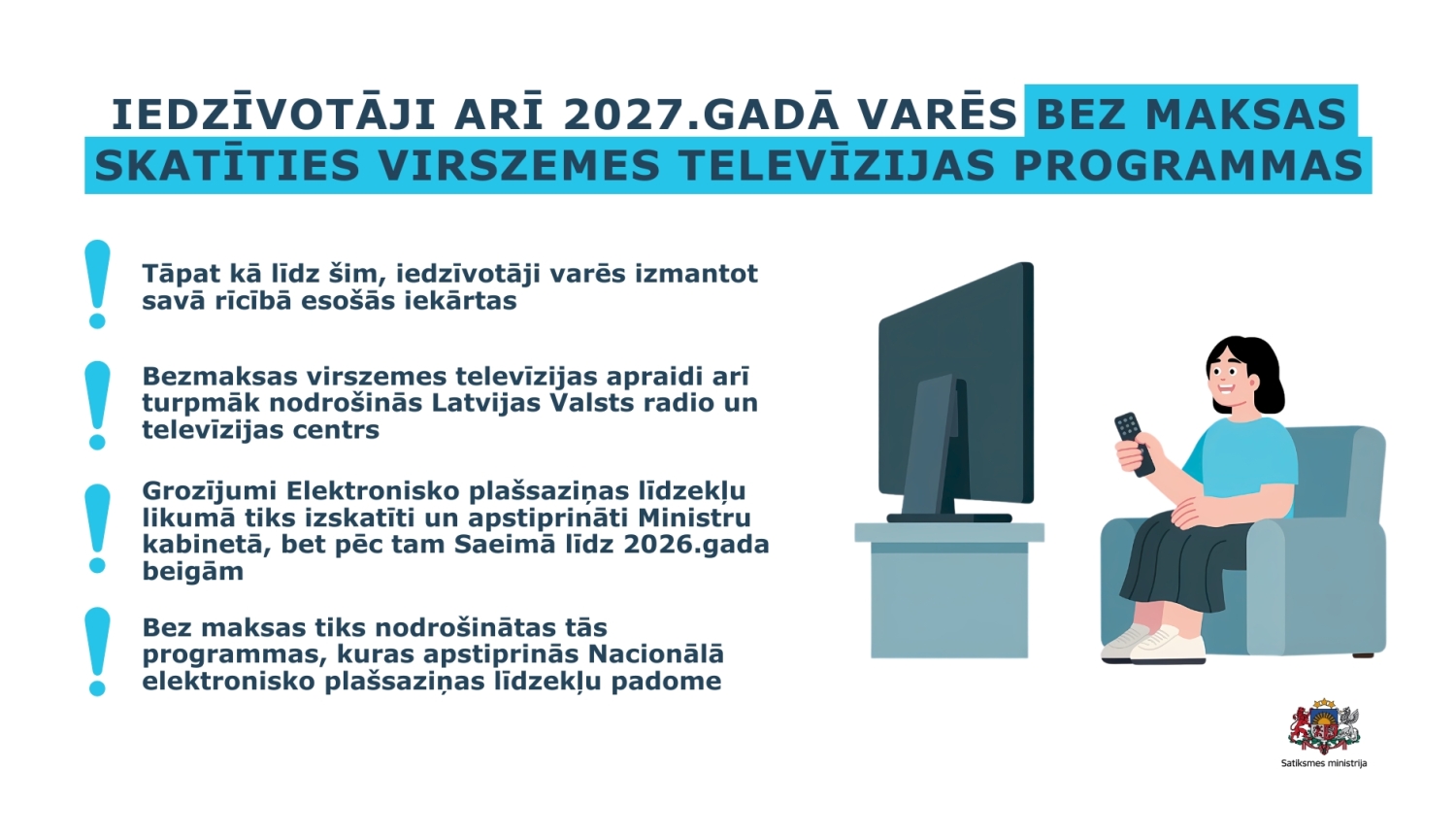 Infografika par virszemes televīziju Latvijā. Virsraksts: “Iedzīvotāji arī 2027. gadā varēs bez maksas skatīties virszemes televīzijas programmas”. Norādīts, ka varēs izmantot esošās iekārtas, apraidi nodrošinās LVRTC, likuma grozījumus vēl izskatīs, bet bez maksas būs pieejamas NEPLP apstiprinātās programmas. Labajā pusē redzama persona pie televizora ar pulti rokā.