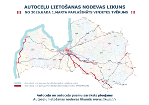 Latvijas karte ar autoceļu maršrutiem, kuros jāpiemēro autoceļu lietošanas nodeva. Zilā krāsā attēloti valsts autoceļi un posmi, uz kuriem nodeva jau tiek piemērota. Sarkanā krāsā attēloti autoceļi un posmi, uz kuriem nodeva būs jāmaksā no 2026. gada 1. marta (paplašinājums). Attēla virsraksts: “Autoceļu lietošanas nodevas likums — no 2026. gada 1. marta paplašināts vinjetes tvērums”. Apakšā norāde: autoceļu posmu saraksts pieejams vietnē www.likumi.lv