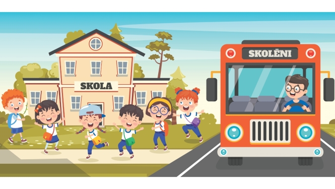 Ilustrācija pie skolas ēkas. Pie skolas stāv seši skolēni ar mugursomām. Blakus uz ceļa redzams oranžs skolēnu autobuss ar uzrakstu “SKOLĒNI”. Autobusa priekšējā logā redzams vadītājs. Fonā ir koki un zilas debesis. Attēls simbolizē skolēnu pārvadājumus un drošu nokļūšanu uz skolu.