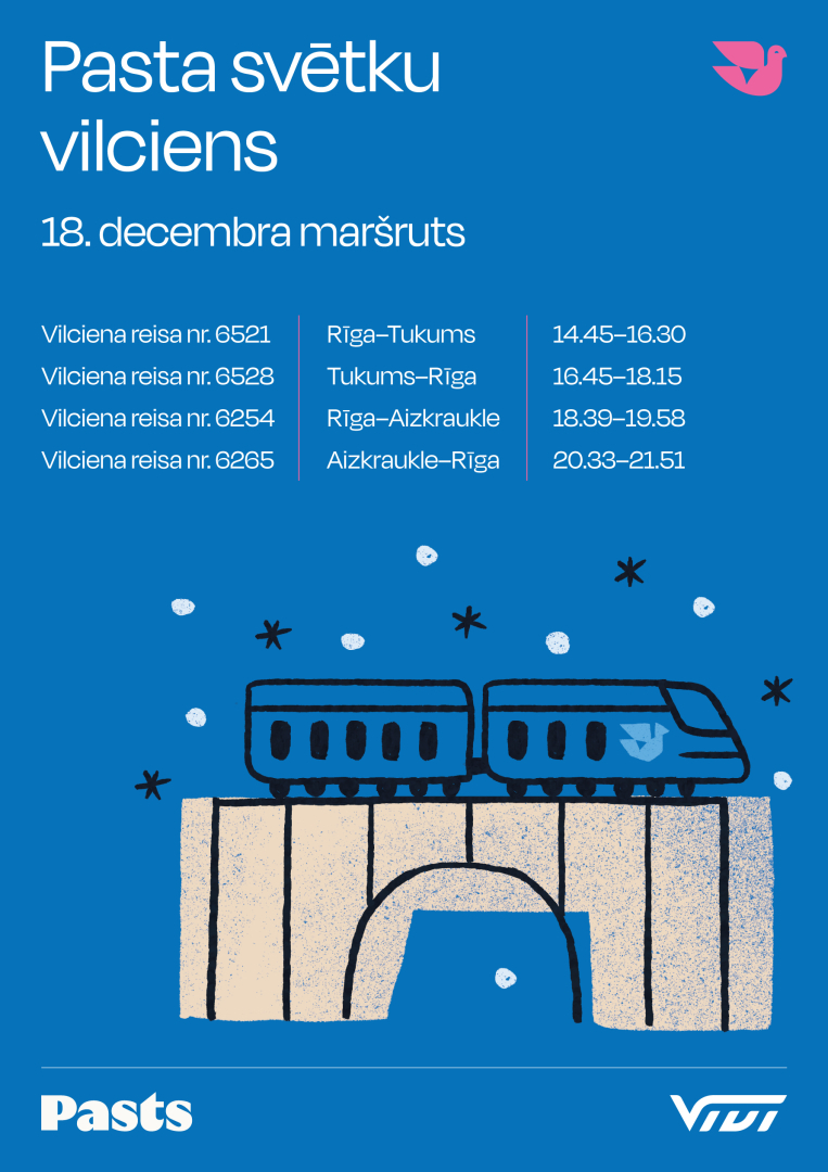 Zilā fona afiša ar nosaukumu “Pasta svētku vilciens”. Zem virsraksta norādīts datums “18. decembra maršruts” un četri vilciena reisi ar numuriem, maršrutiem un laikiem: Reiss 6521: Rīga–Tukums, 14.45–16.30 Reiss 6528: Tukums–Rīga, 16.45–18.15 Reiss 6254: Rīga–Aizkraukle, 18.39–19.58 Reiss 6265: Aizkraukle–Rīga, 20.33–21.51 Apakšā ilustrācija ar vilcienu uz tilta, apkārt sniegpārslas un zvaigznītes. Lejasdaļā logotipi “Pasts” un “Vivi”.