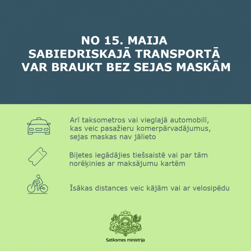 No 15. maija sabiedriskajā transportā var braukt bez sejas maskām