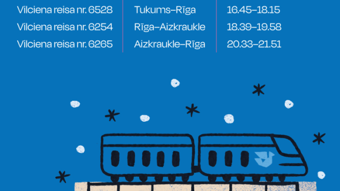 Zilā fona afiša ar nosaukumu “Pasta svētku vilciens”. Zem virsraksta norādīts datums “18. decembra maršruts” un četri vilciena reisi ar numuriem, maršrutiem un laikiem:  Reiss 6521: Rīga–Tukums, 14.45–16.30 Reiss 6528: Tukums–Rīga, 16.45–18.15 Reiss 6254: Rīga–Aizkraukle, 18.39–19.58 Reiss 6265: Aizkraukle–Rīga, 20.33–21.51 Apakšā ilustrācija ar vilcienu uz tilta, apkārt sniegpārslas un zvaigznītes. Lejasdaļā logotipi “Pasts” un “Vivi”.
