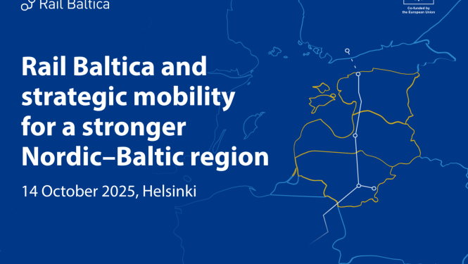 Karte ar dzelzceļa līnijām, kas savieno pilsētas Ziemeļvalstu un Baltijas reģionā. Attēlā redzams 'Rail Baltica' logotips, Eiropas Savienības logotips ar norādi par līdzfinansējumu, kā arī teksts par pasākumu 'Rail Baltica and strategic mobility for a stronger Nordic–Baltic region', kas notiks 2025. gada 14. oktobrī Helsinkos
