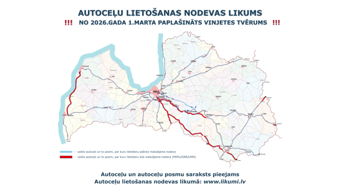 Latvijas karte ar autoceļu maršrutiem, kuros jāpiemēro autoceļu lietošanas nodeva. Zilā krāsā attēloti valsts autoceļi un posmi, uz kuriem nodeva jau tiek piemērota. Sarkanā krāsā attēloti autoceļi un posmi, uz kuriem nodeva būs jāmaksā no 2026. gada 1. marta (paplašinājums). Attēla virsraksts: “Autoceļu lietošanas nodevas likums — no 2026. gada 1. marta paplašināts vinjetes tvērums”. Apakšā norāde: autoceļu posmu saraksts pieejams vietnē www.likumi.lv