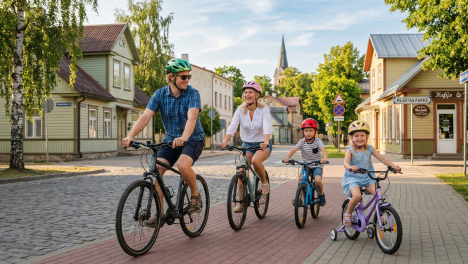 Ģimene- tēvs,māte un divi bērni brauc ar divriteņiem pa ielu. Visiem galvās ķiveres