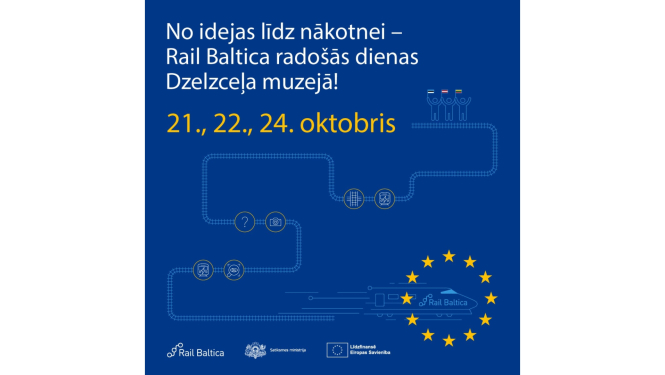 Vizualizācija ar uzrakstu 'No idejas līdz nākotnei – Rail Baltica radošās dienas Dzelzceļa muzejā!'. Norādīti pasākuma datumi: 21., 22., 24. oktobris