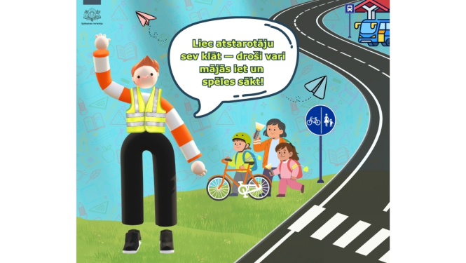Izglītojoša ilustrācija par bērnu ceļu satiksmes drošību — animēts tēls Asvalters ar atstarojošu vesti māj bērniem pie gājēju pārejas; fonā redzami bērni ar velosipēdiem un ceļa zīme, kas norāda uz veloceļu. Teksts aicina lietot atstarotājus drošībai.