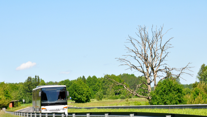 autobuss brauc par autoceļu saulainā vasaras dienā