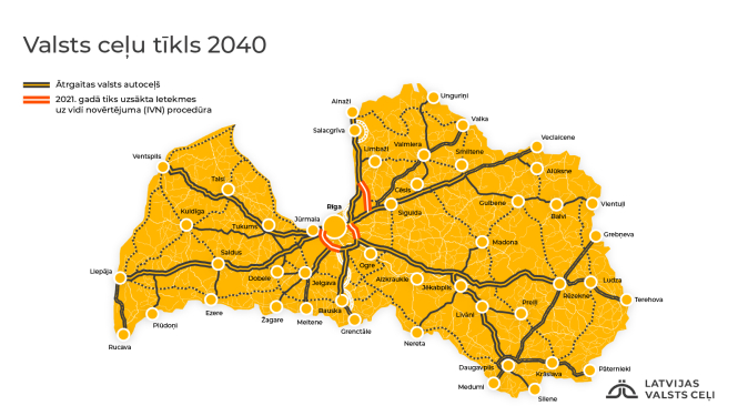dzeltena Latvijas karte ar valsts ceļu tīkla attīstības plānu līdz 2040. gadam
