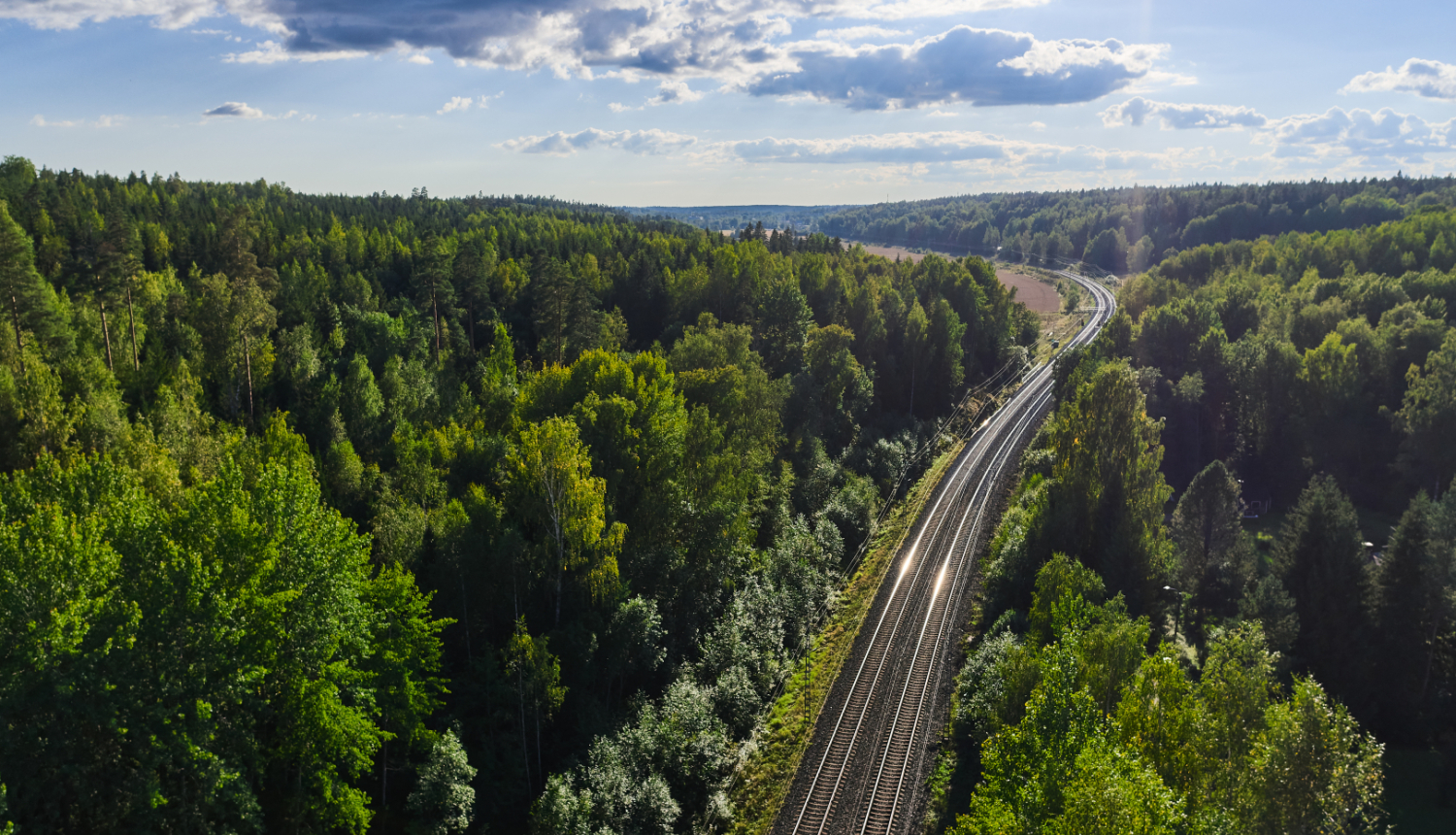 Dzelzceļa sliedes ved cauri zaļam mežam saulainā dienā. Debesīs redzami balti mākoņi.