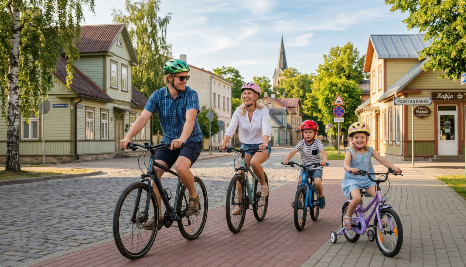 Ģimene- tēvs,māte un divi bērni brauc ar divriteņiem pa ielu. Visiem galvās ķiveres