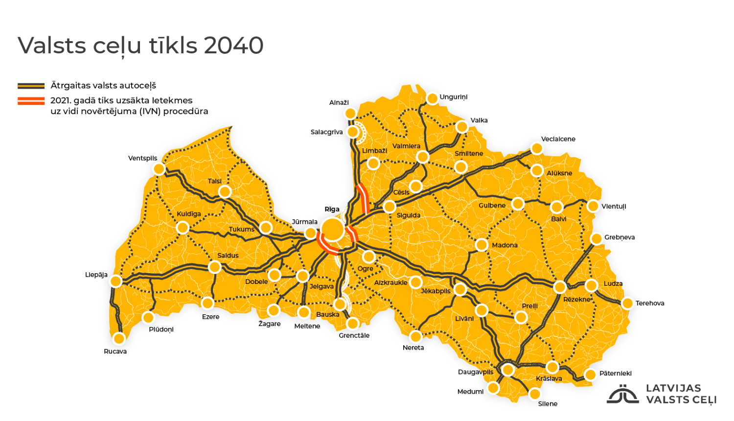 dzeltena Latvijas karte ar valsts ceļu tīkla attīstības plānu līdz 2040. gadam