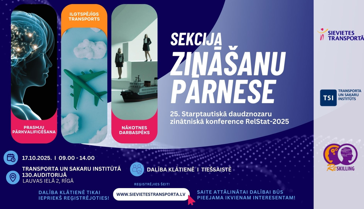 Attēls informē par 25. Starptautisko daudznozaru zinātnisko konferenci RelStat-2025, kas notiks 17. oktobrī no plkst. 09:00 līdz 14:00 Transporta un sakaru institūtā, Rīgā. Redzami trīs tematiskie bloki: prasmju pārkvalificēšana (smadzeņu attēls), ilgtspējīgs transports (lidmašīna un koks), nākotnes darbaspēks (cilvēks uz kuģa). Norādīta iespēja piedalīties klātienē vai tiešsaistē un reģistrēties vietnē www.sievietestransporta.lv