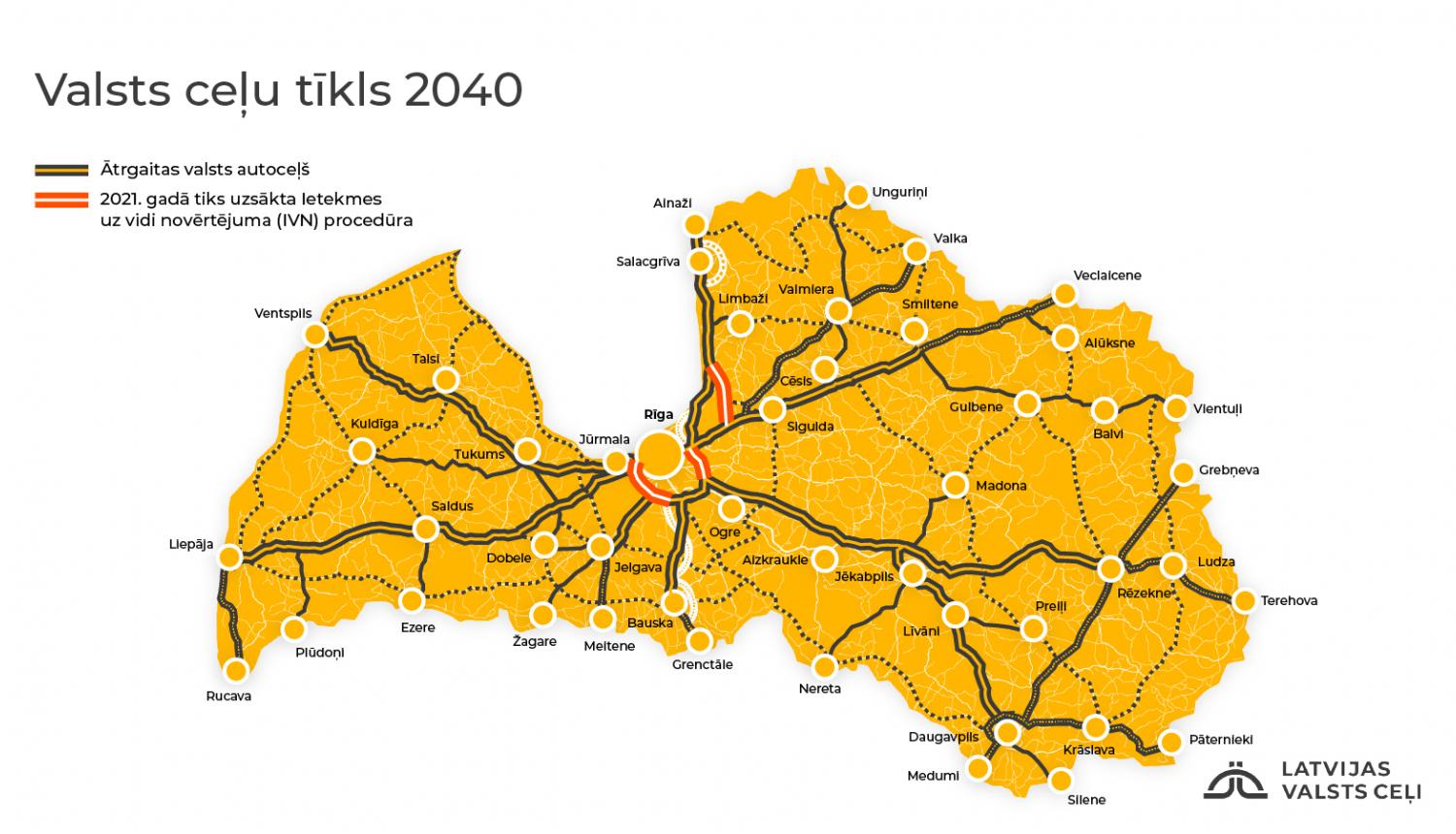 dzeltena Latvijas karte ar valsts ceļu tīkla attīstības plānu līdz 2040. gadam